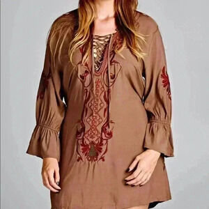 🆕Velzera Plus Size Khaki Embroidered Peasant Dress 1X🆕